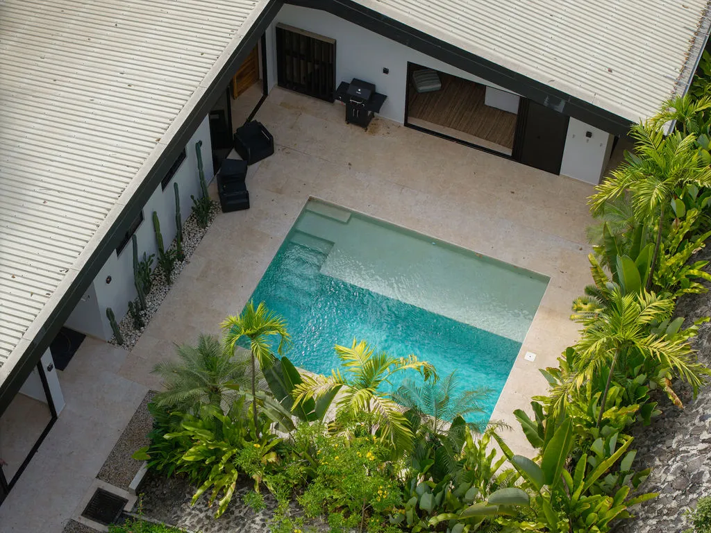 Overhead view of the pool courtyard, enclosed by white walls and palms